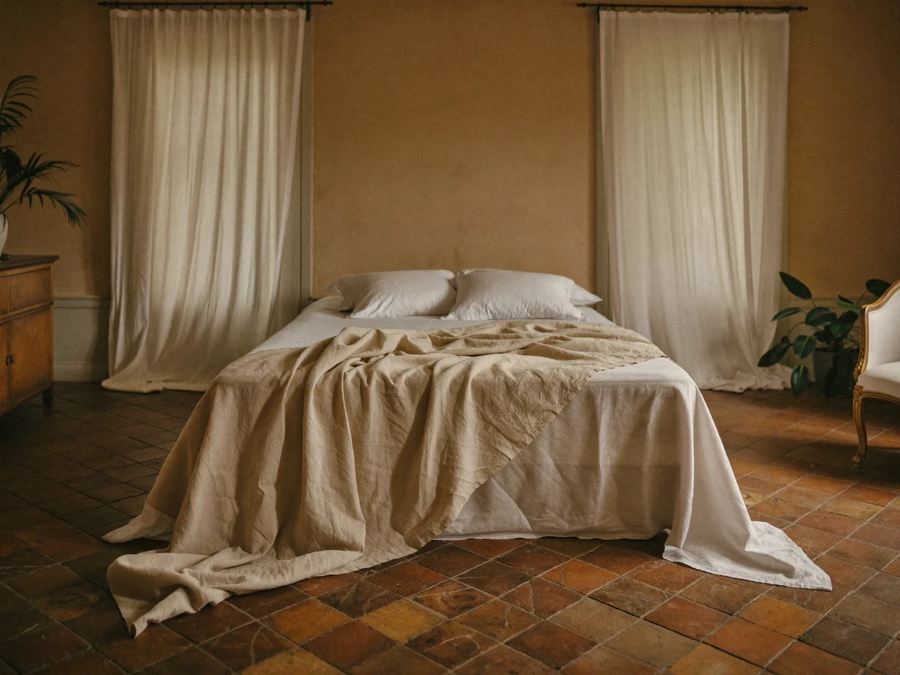 Camera toscana luminosa con letto vestito di lino e cotone naturali