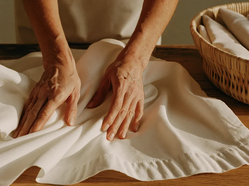 Mani che piegano un lenzuolo di cotone bianco appena stirato